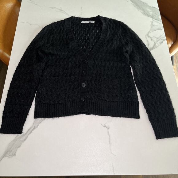 Cotton Emporium Mohair Blend Black Wide Knit Button Cardigan Sweater Large USA - Picture 1 of 9